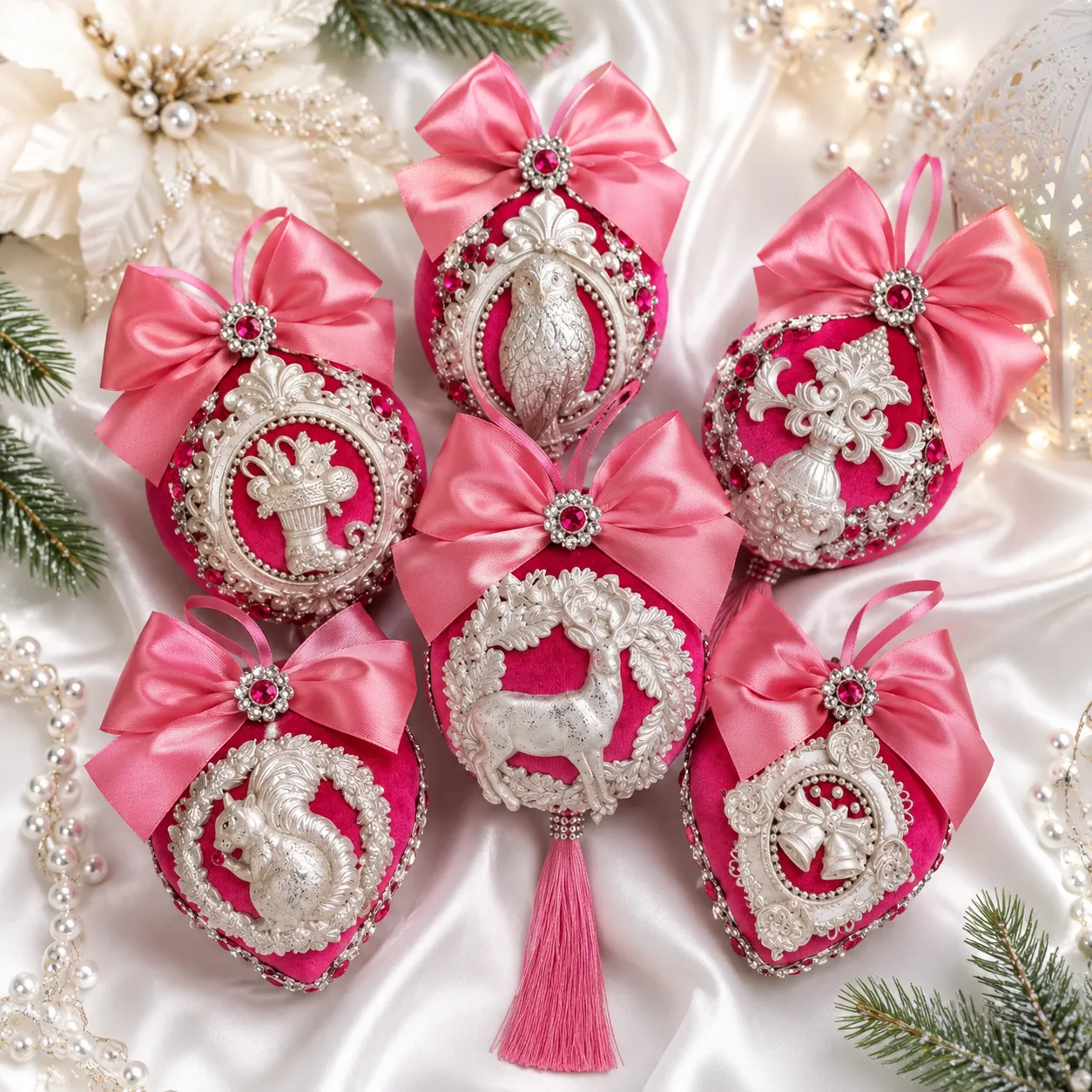 Pink Velvet Christmas Tree Ornaments