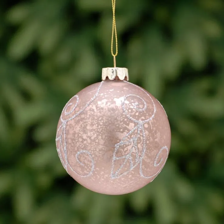 Pink with Silver Glitter Swirl Glass Bauble - Christmas Tree Decoration