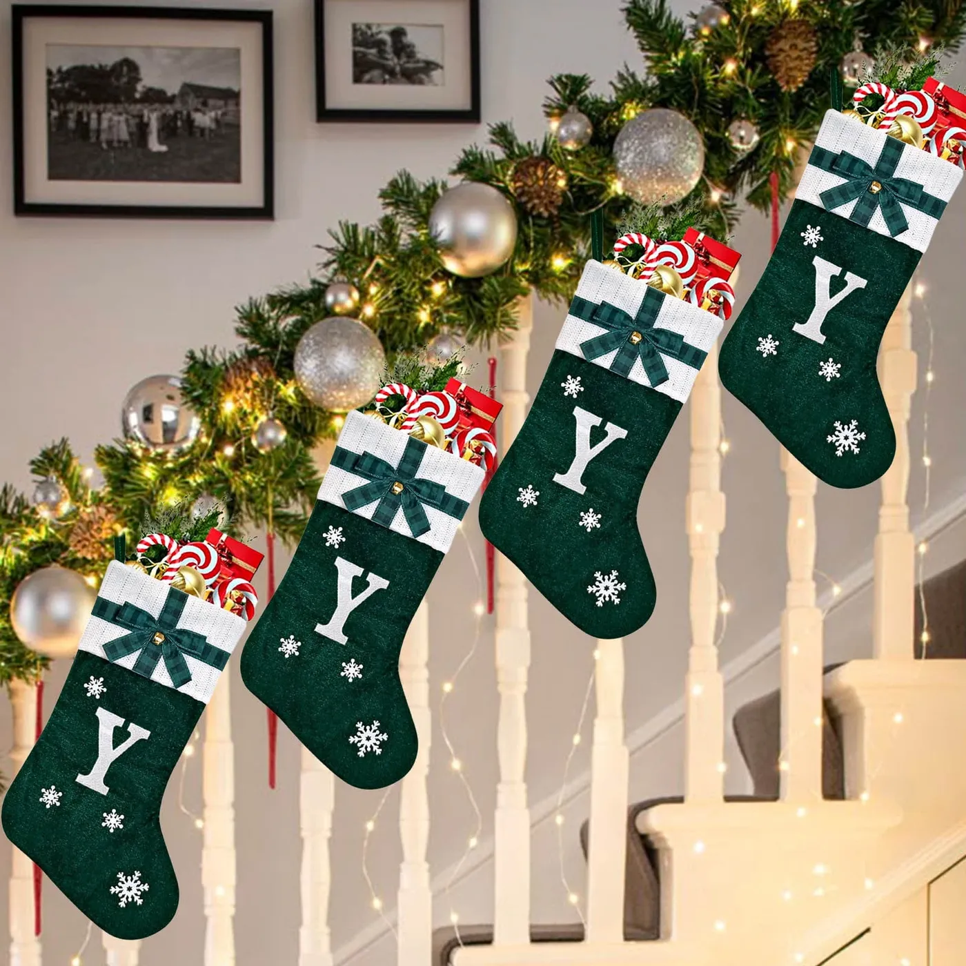 Pisexur 26 Letter Christmas Stockings Bulk 10Inch Green Small Fireplace Hanging Felt Holiday Decorations Stockings for Spoon Holder Xmas Tree Children's Candy Gift Bag Christmas Stocking Gift Bag -