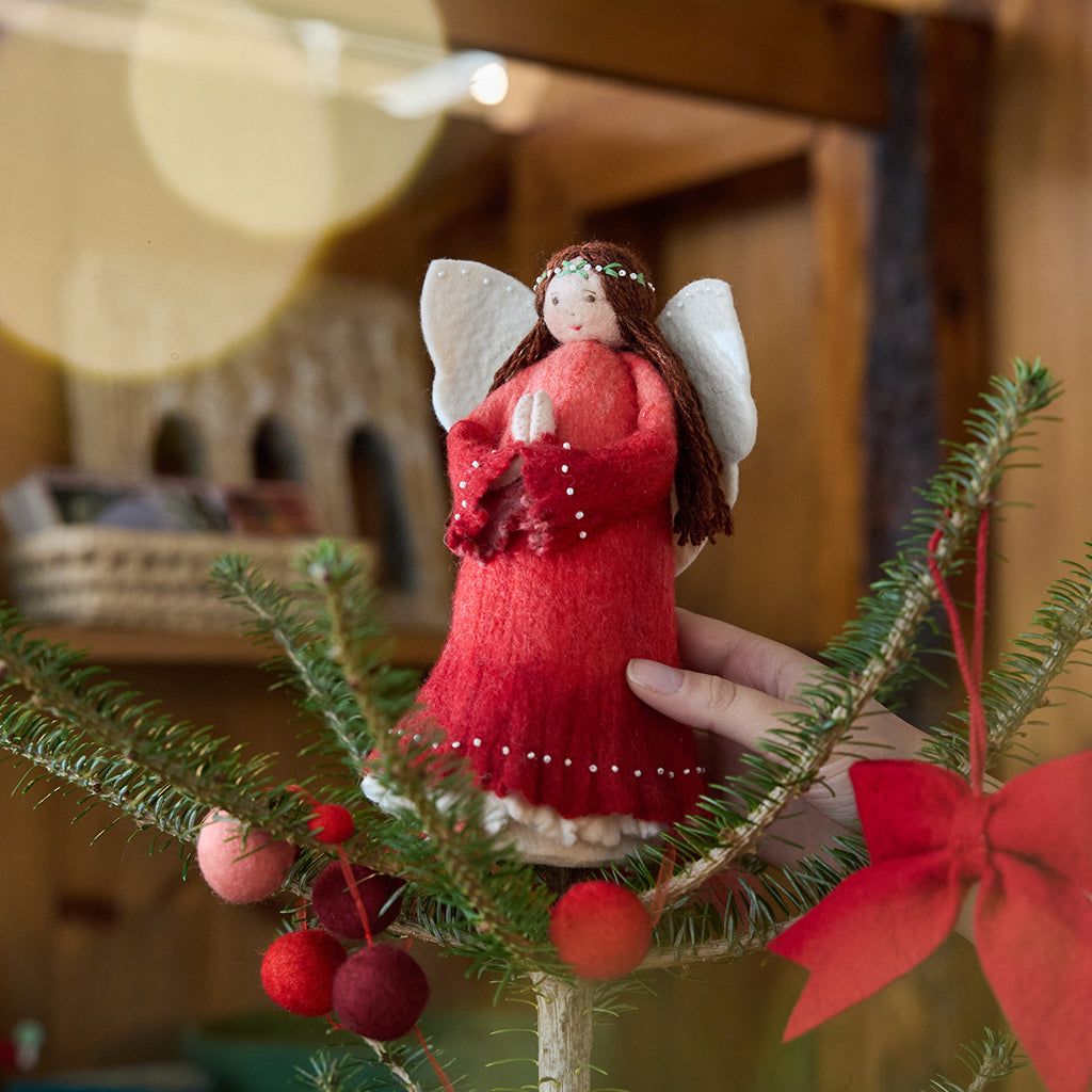 Praying Angel Tree Topper – Handmade Felt Red Christmas Angel – Craftspring