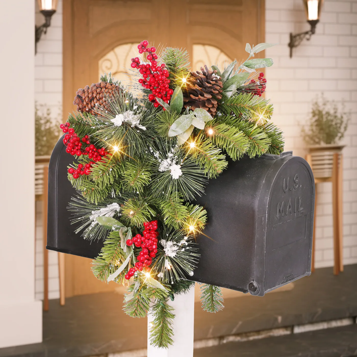Puleo International 36 in. x 16 in. Pre-Lit Decorated Mailbox Cover - Polyester - Green