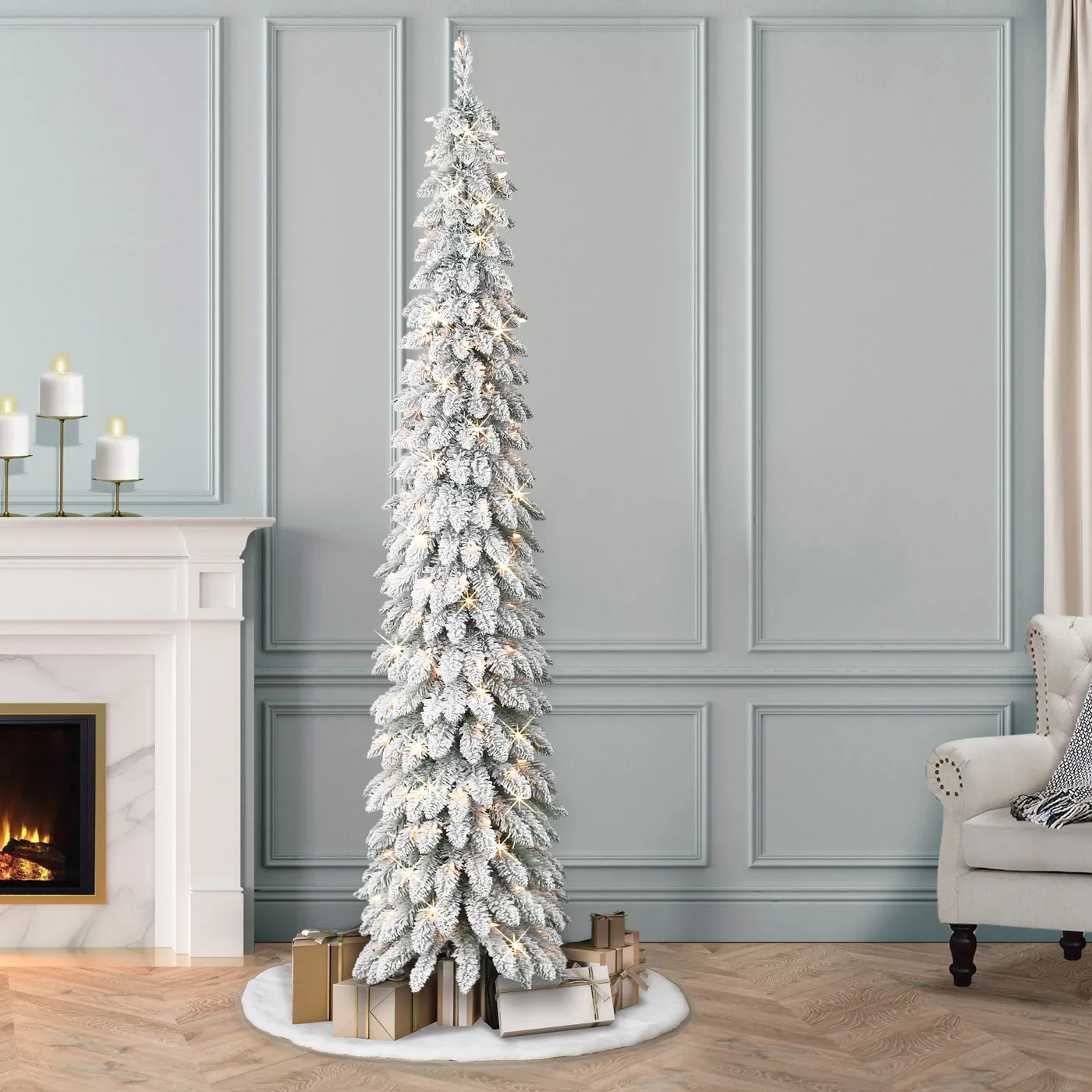 Puleo International 7 ft Pre-Lit Flocked Artificial Alpine Pencil Tree