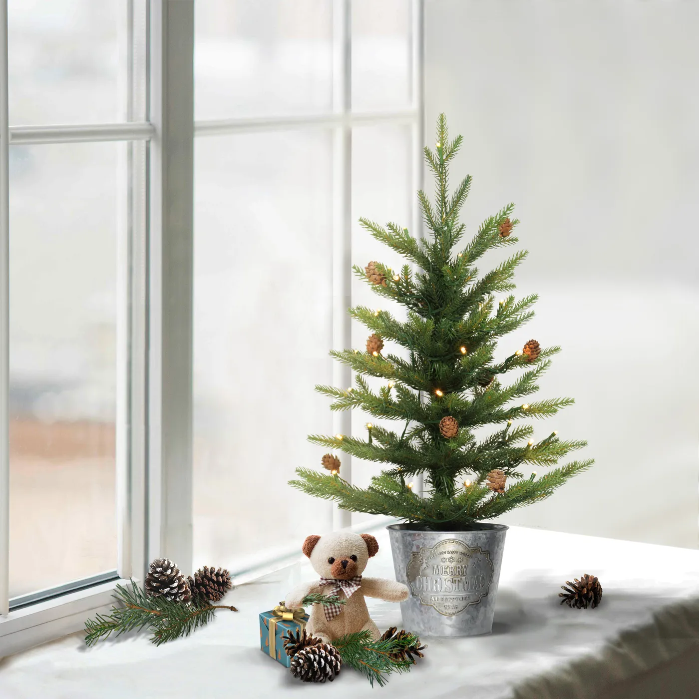 Puleo International Pre-Lit 2' Table Top Artificial Christmas Tree with 35 Lights in Metal Pot Green