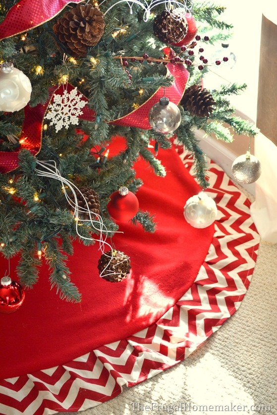 Red and white Christmas tree with natural elements