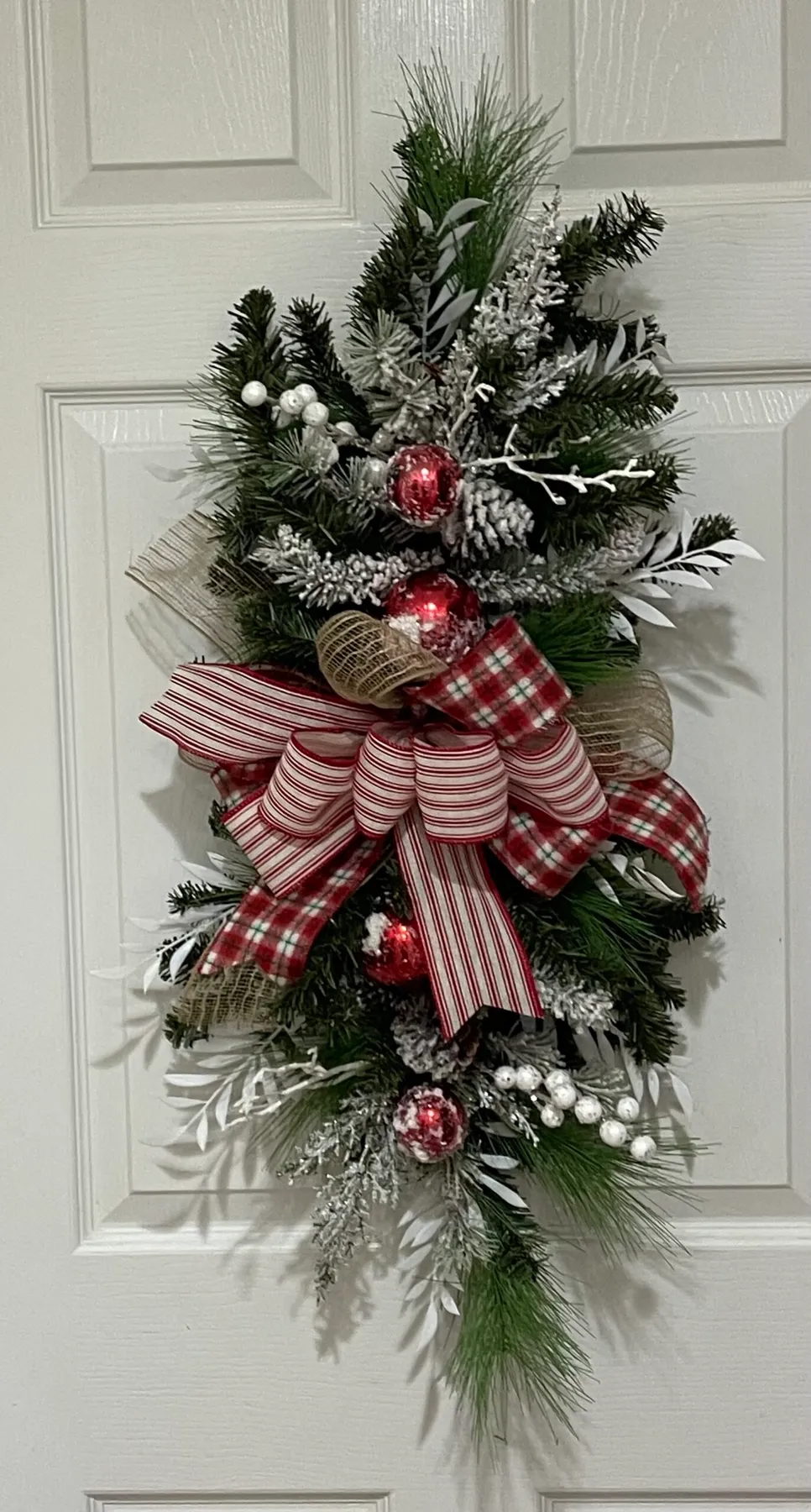 red and white swag 30 height x 15 wide snow door hanger or table charlotte  nc – NC Charlotte Chalk Couture Darlene's Crafts Call us 704-562-7478