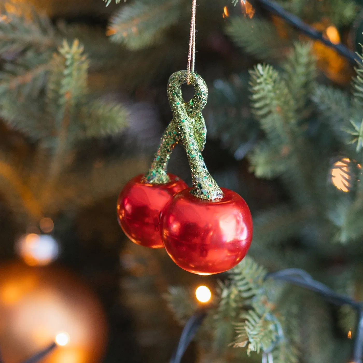 Red cherries Christmas ornament with glitter