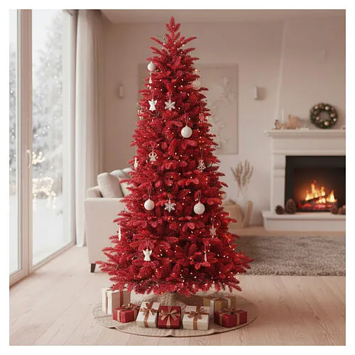 Red Flocked Christmas Tree Poly Feel Real PVC 180 cm | online sales on HOLYART.com