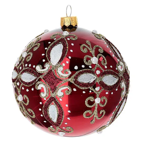 Red Glossy Ball with White and Gold Decoration Blown Glass 100 mm | online sales on HOLYART.com