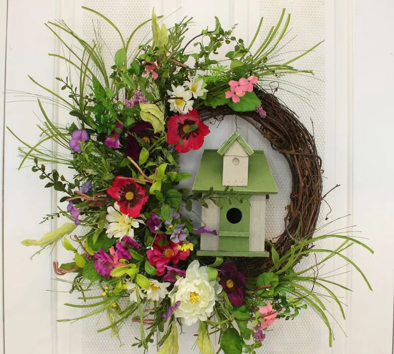 Red Poppies and Birdhouse Wispy Grapevine and Silk Front Door Wreath