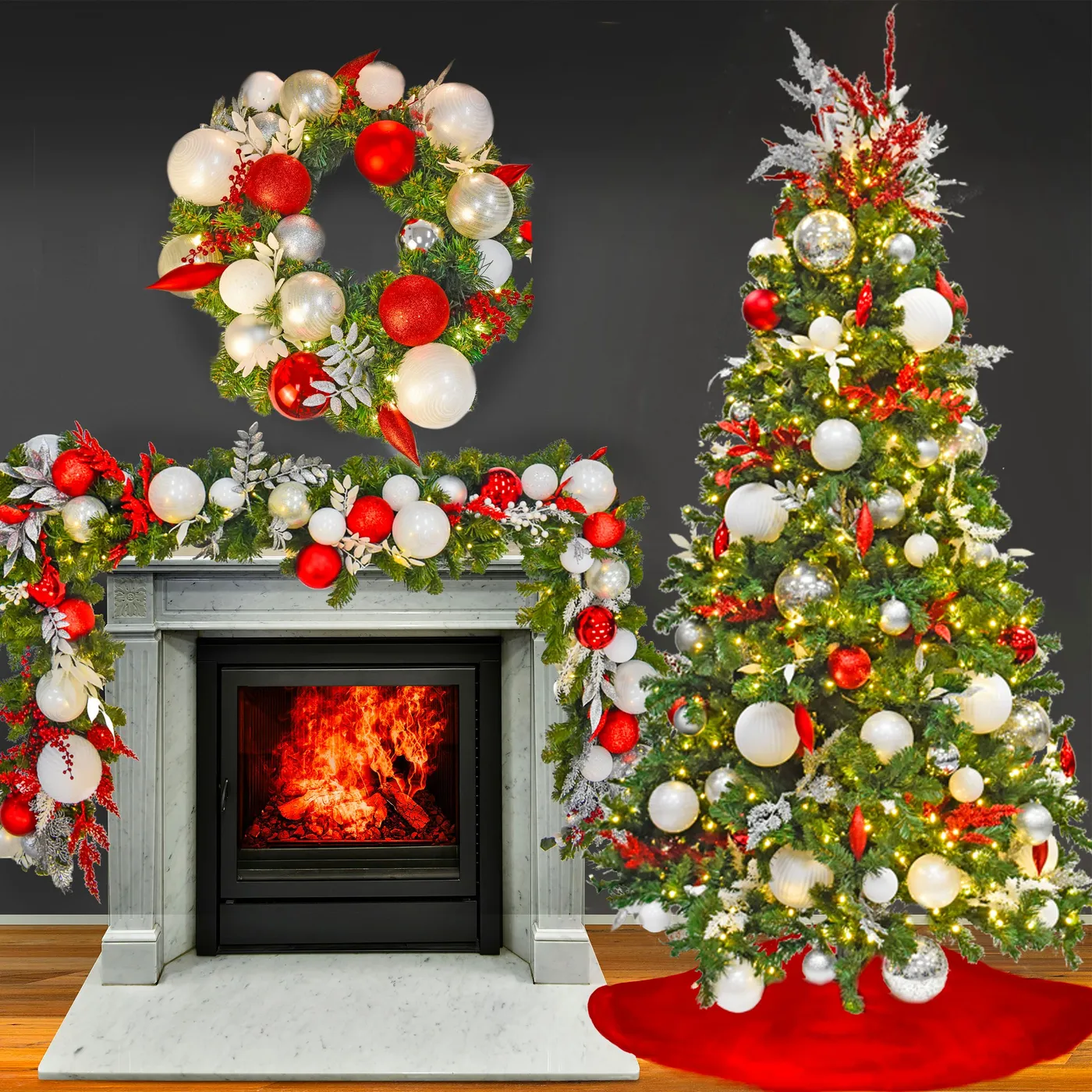 Red, Silver, and White Pre-Decorated Christmas Tree | Peppermint Perfection