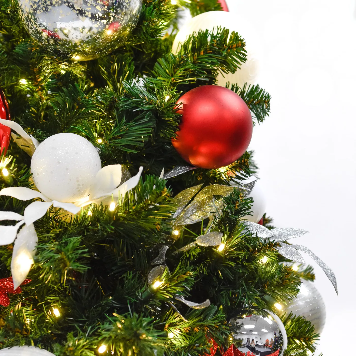 Red, Silver, and White Pre-Decorated Christmas Tree | Peppermint Perfection