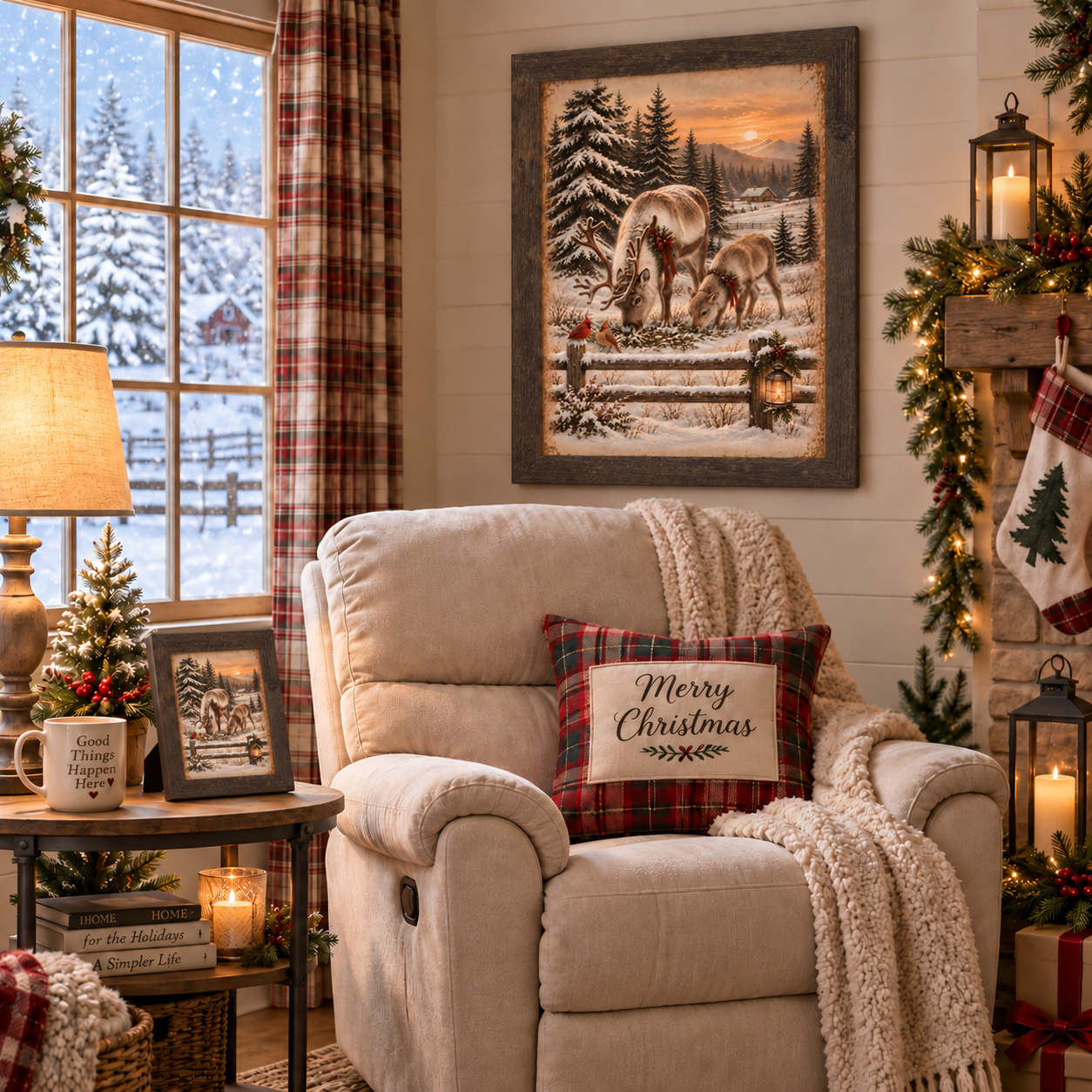 Reindeer and Cardinals Framed Wall Art | Winter Portrait Scene | Summer  Snow Art