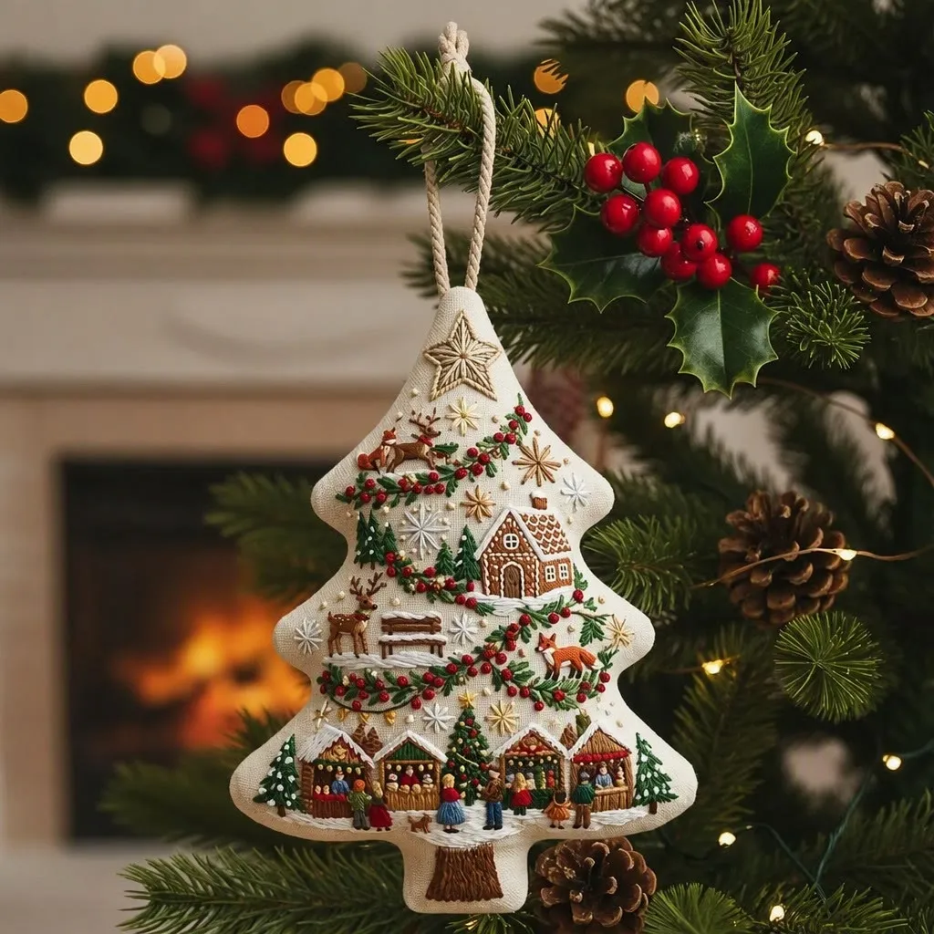 Rubbyoo Tree-shaped Embroidery Kit - Cozy Winter Village | Christmas Handmade Hoop Art Gift | Festive Snowy Scene Decor