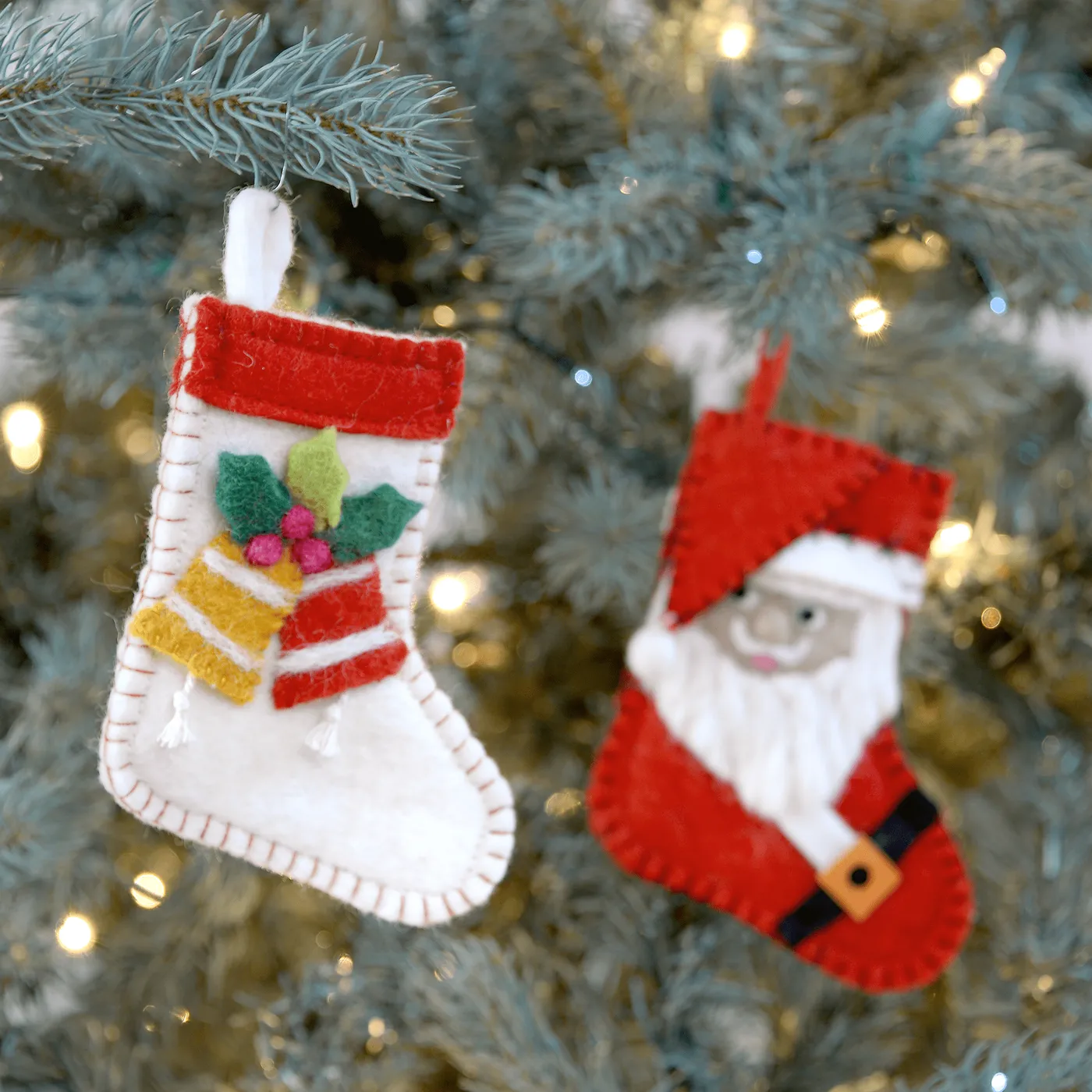 Santa + Holly Stocking Ornament Set | Felted Wool Christmas Tree Ornament