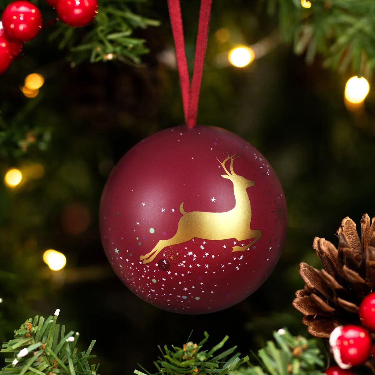 Sara Miller Maroon Deer Christmas Tin Bauble | Great British Brands USA