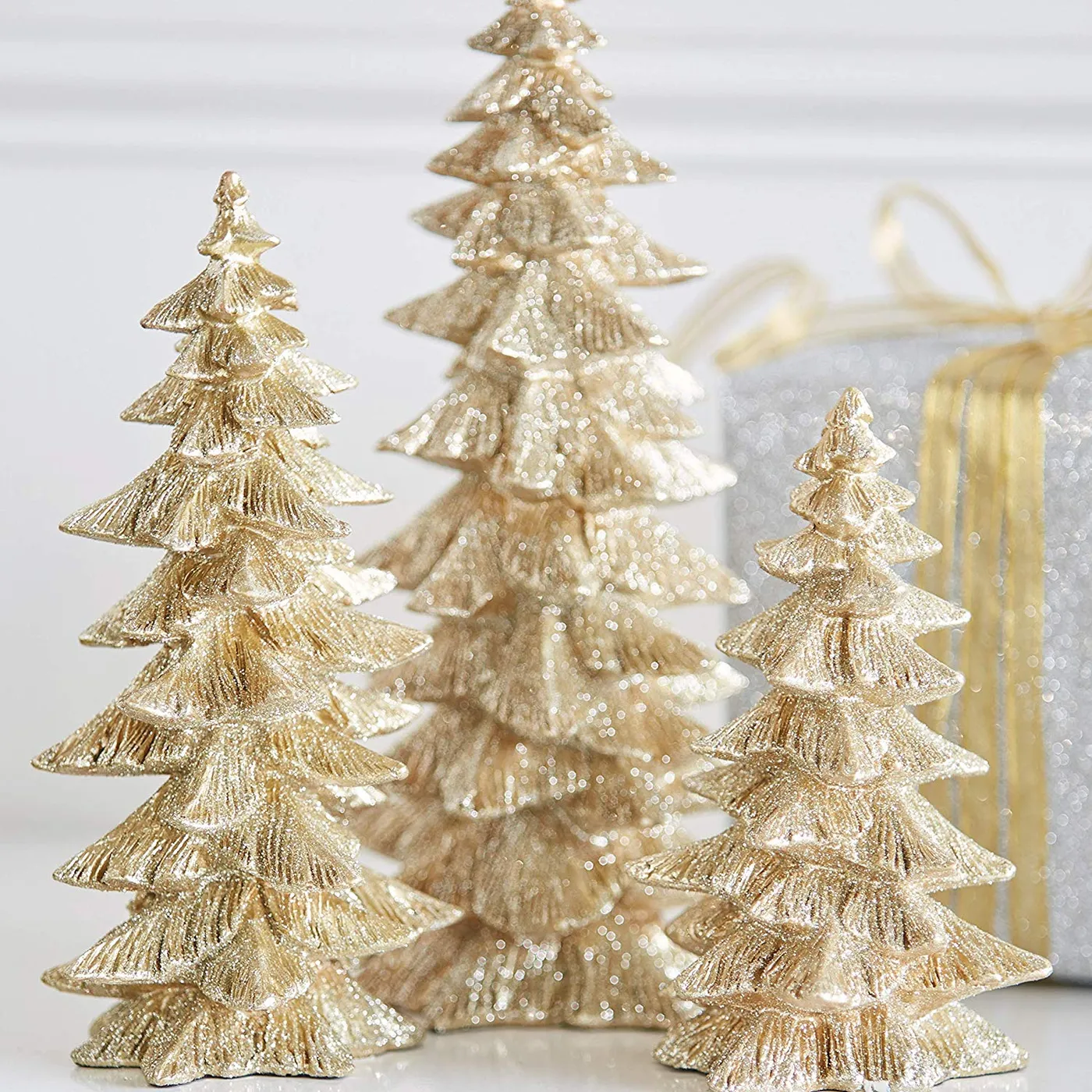 Set of 3 Champagne Gold Glittered Christmas Trees- 6.5 inches to 9.5 i -  Richards Expo