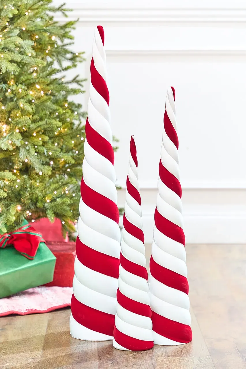Set of 3 Velvet Candy Cane Cone - Decorator's Warehouse