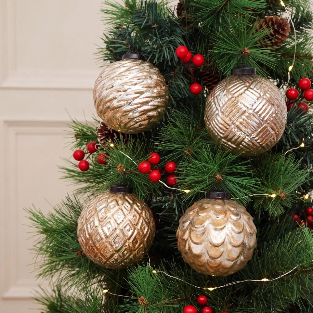Set of 4 Champagne Gold Handmade Glass Christmas Ball Ornaments