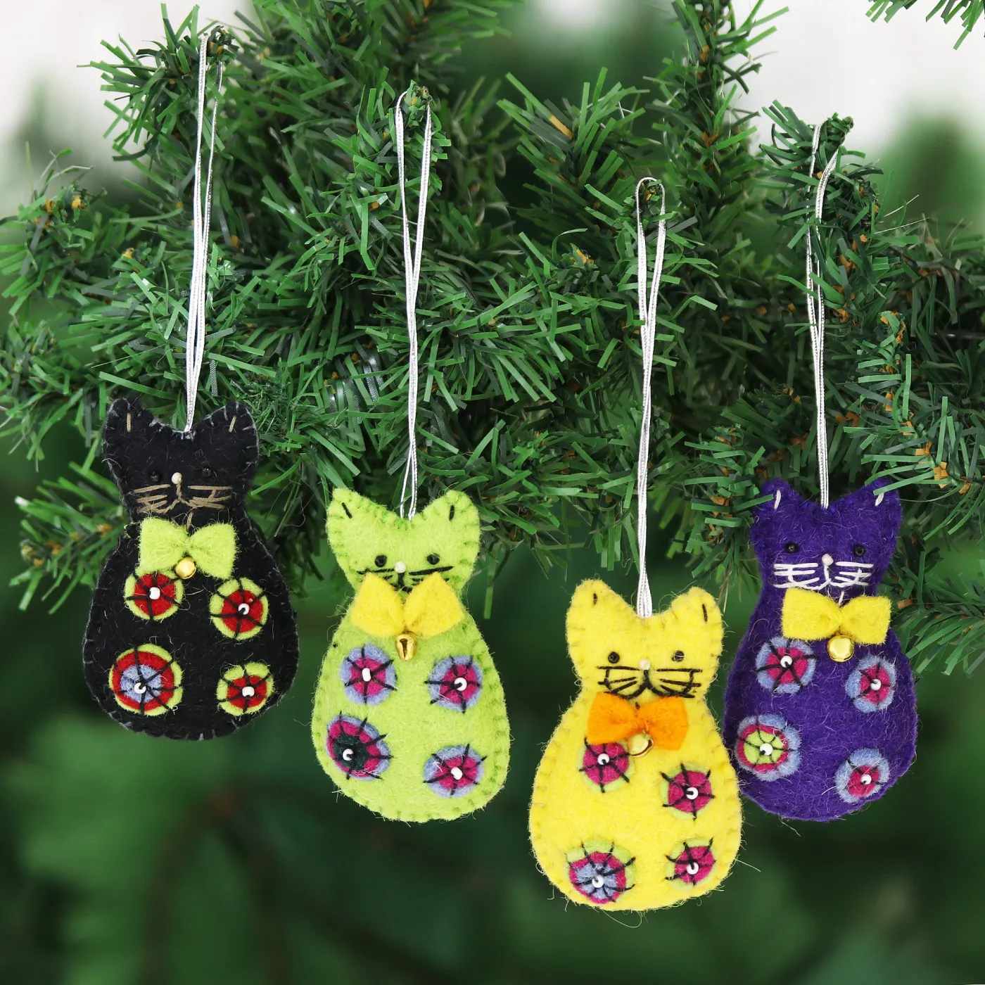 Set of 4 Colorful Cat Wool Felt Holiday Ornaments - Crafty Cats | NOVICA