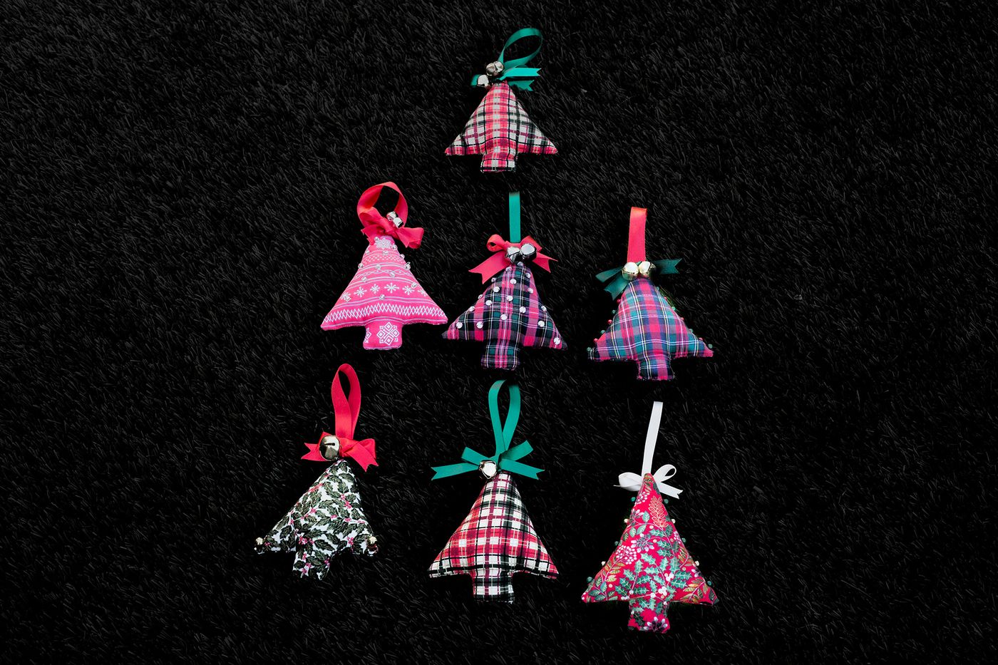 Set of 7 Embellished Christmas Tree Decorations – Trees (cotton fabric, toy stuffing, beads, jingle bells) - Mbwa Wa Africa Animal Rescue