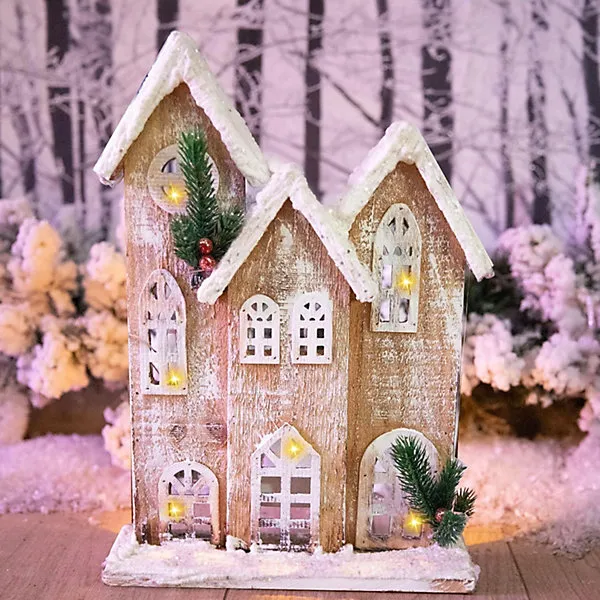 SHATCHI 35cm Battery Powered Warm White LEDs Wooden House Snow Covered  Cottage Village Indoor Christmas Decorations,