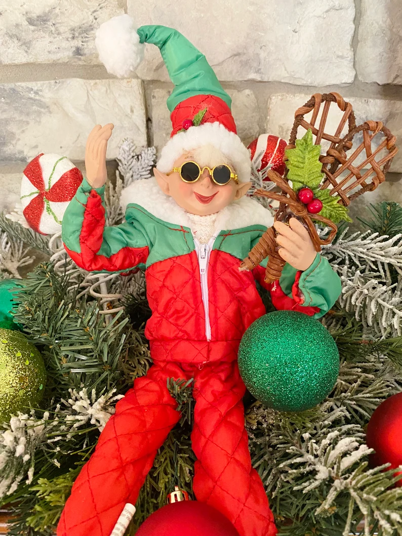Skiing Elf in Red & Green for holiday decorating - Timeless Floral Boutique