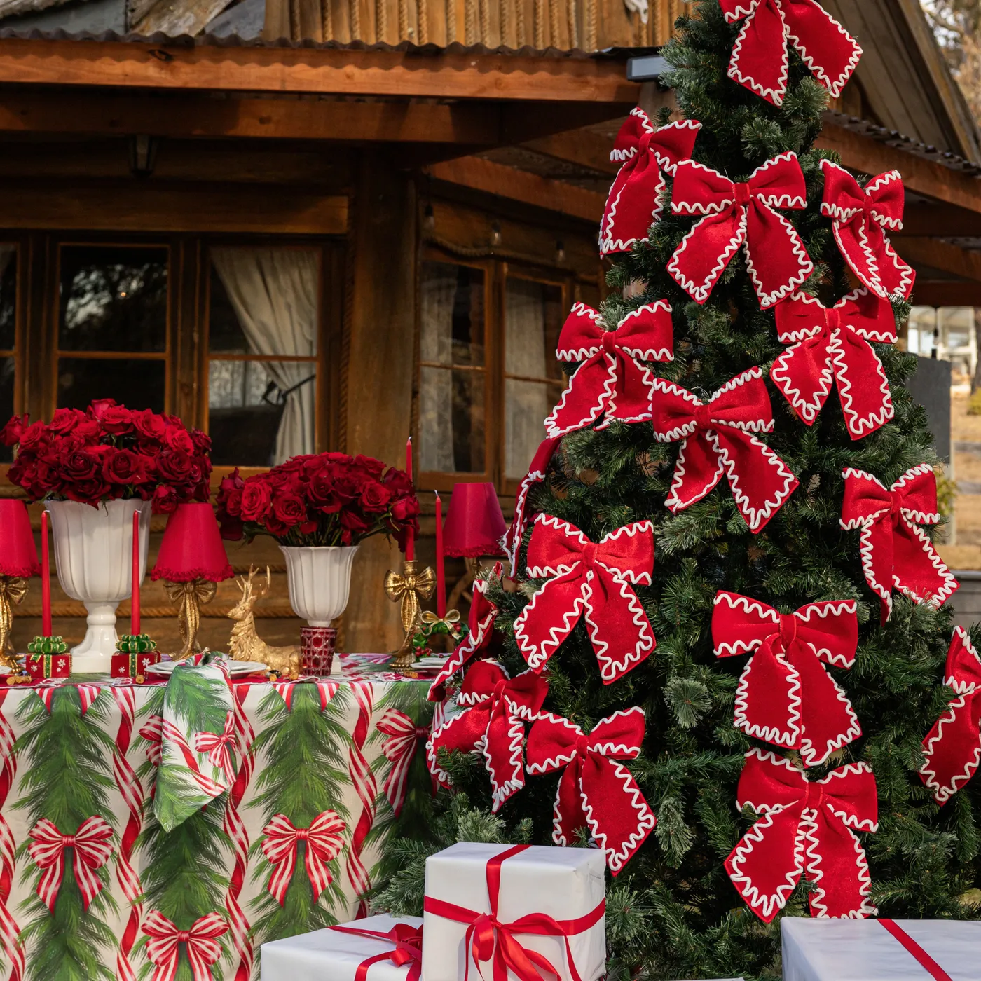 Spruce and Red Bow Table Cloth | LUXE AND BEAU