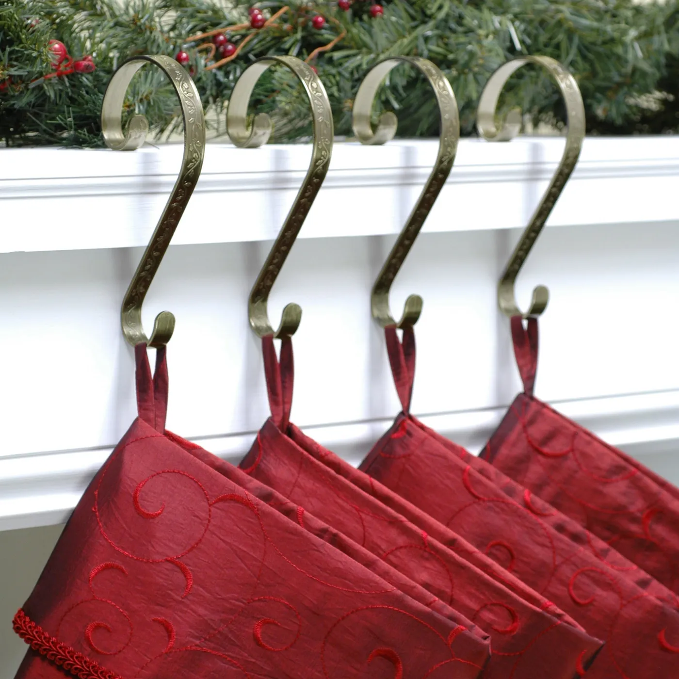 Stocking Scrolls - Embossed Holly - Antique Brass 2 Pack