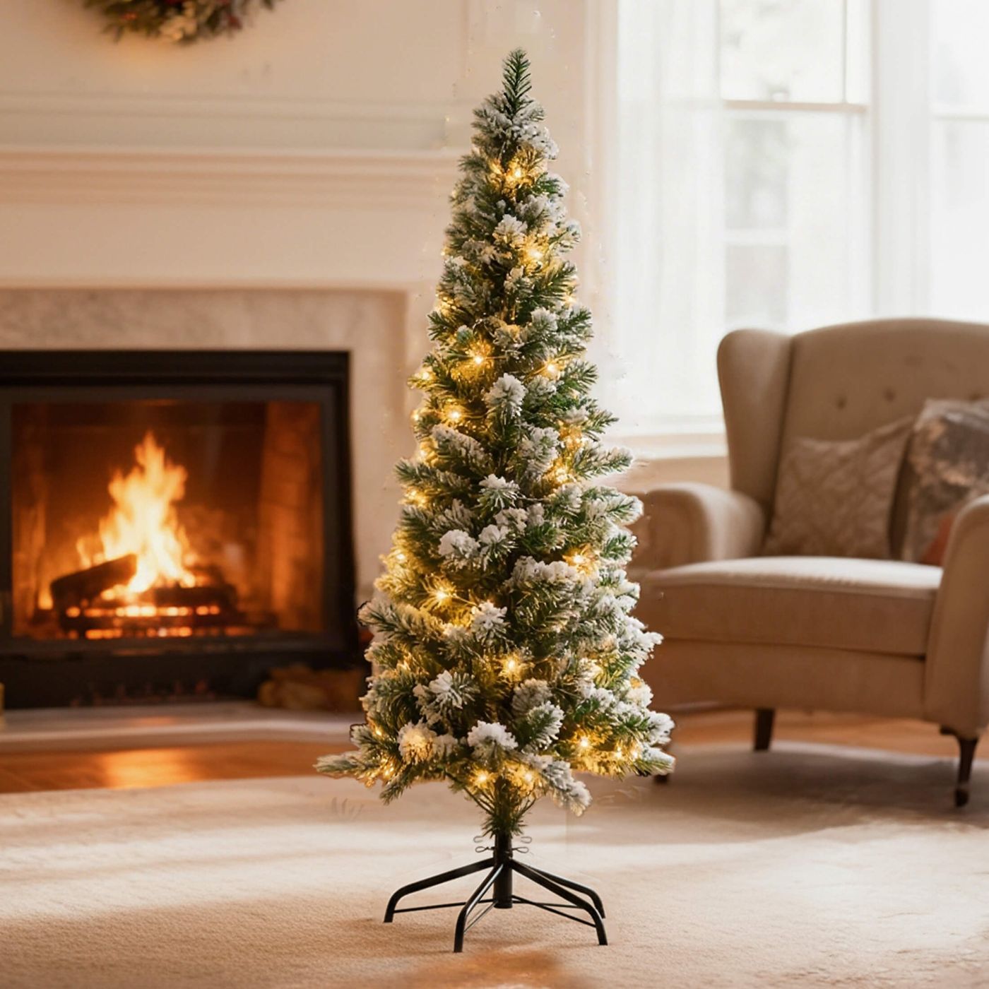 Sweetcrispy Luxury Pre-Decorated Artificial Fir Christmas Pencil Tree with Lights, 9 ft / White