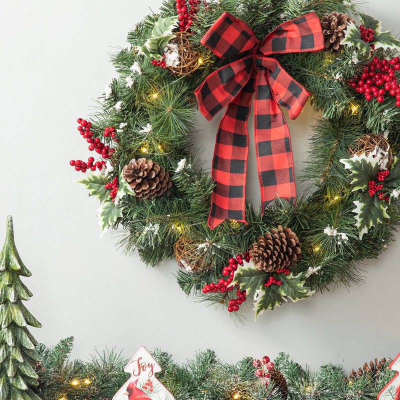 The Twillery Co.® 24'D Christmas Snow Berry Twig Ball Pinecone Holly Pine  Wreath With Lights & Reviews | Birch Lane