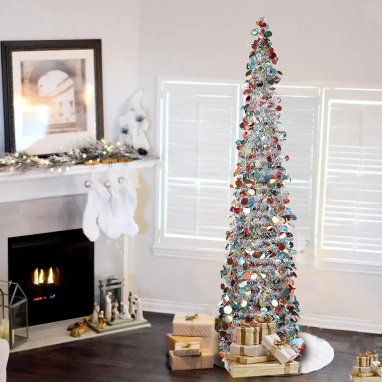 Tinsel Corner Christmas Tree Clearance!]Slim Collapsible Pop Up Tinsel  Artificial Christmas Tree With Stand For Small Place Xmas Decorations
