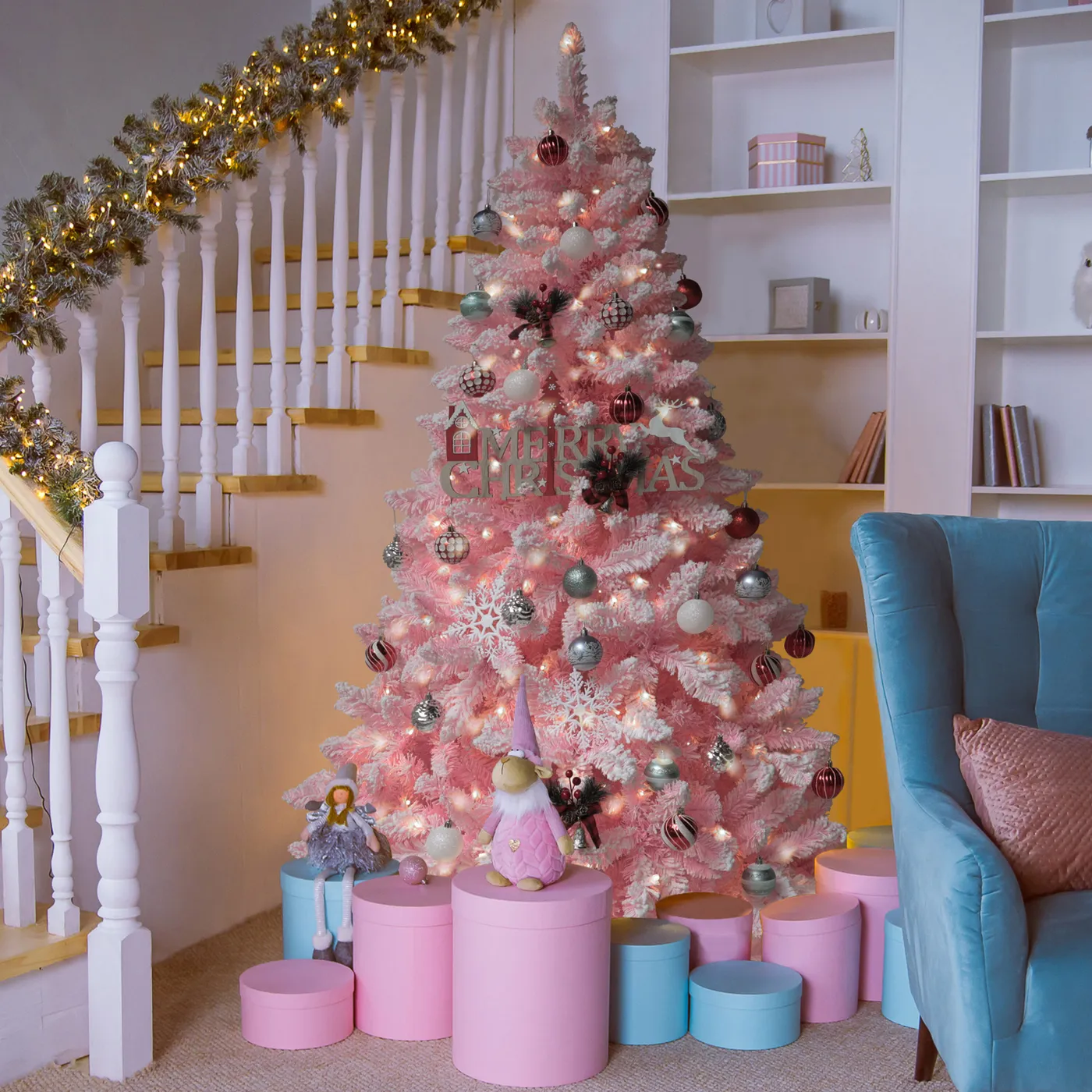 VEIKOUS 6-ft Spruce Pre-lit Flocked Pink Artificial Christmas Tree NEW IN BOX! PINK CHRISTMAS