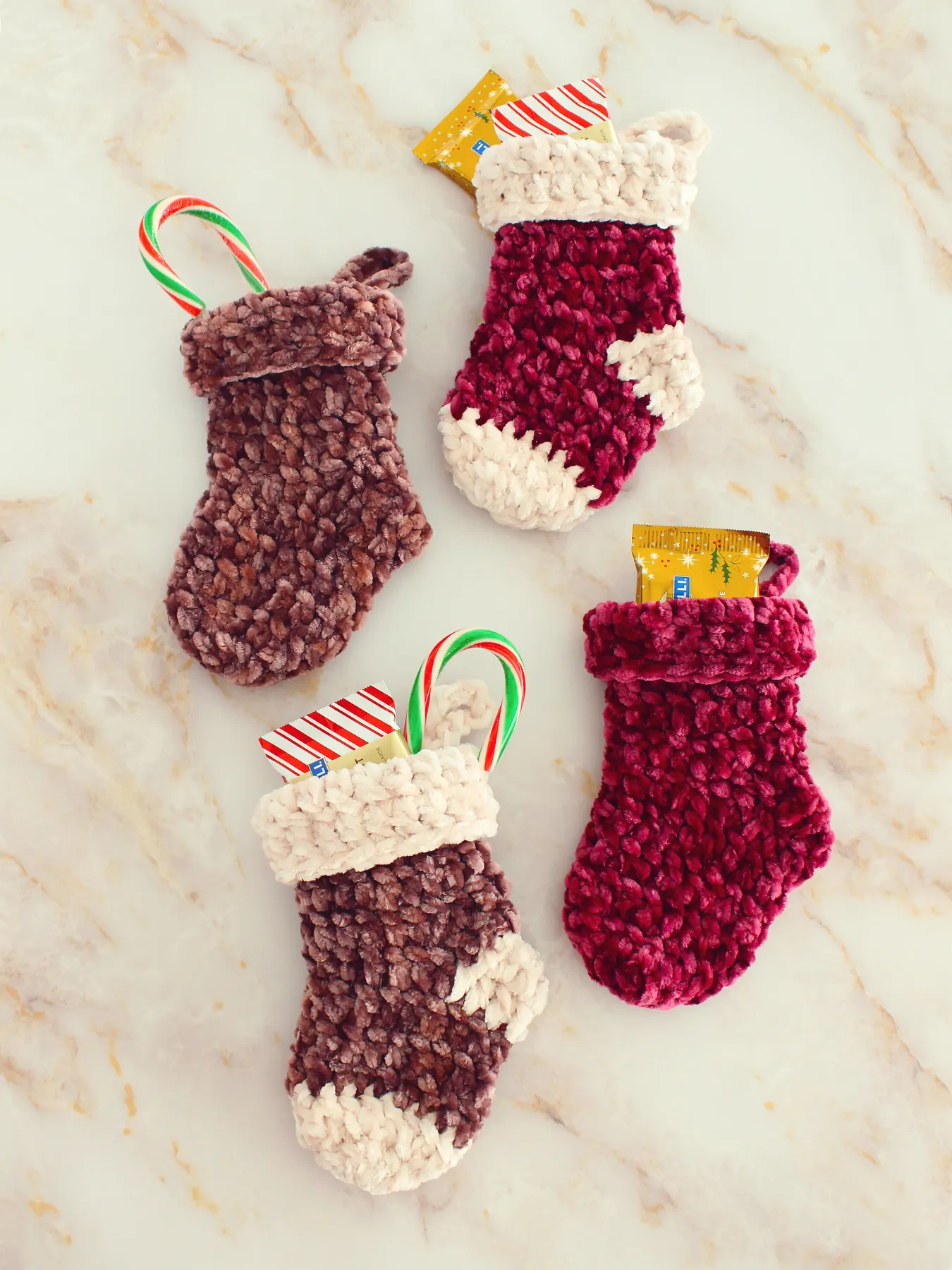 Velvet Mini Christmas Stockings Free Crochet Pattern - Gleeful Things