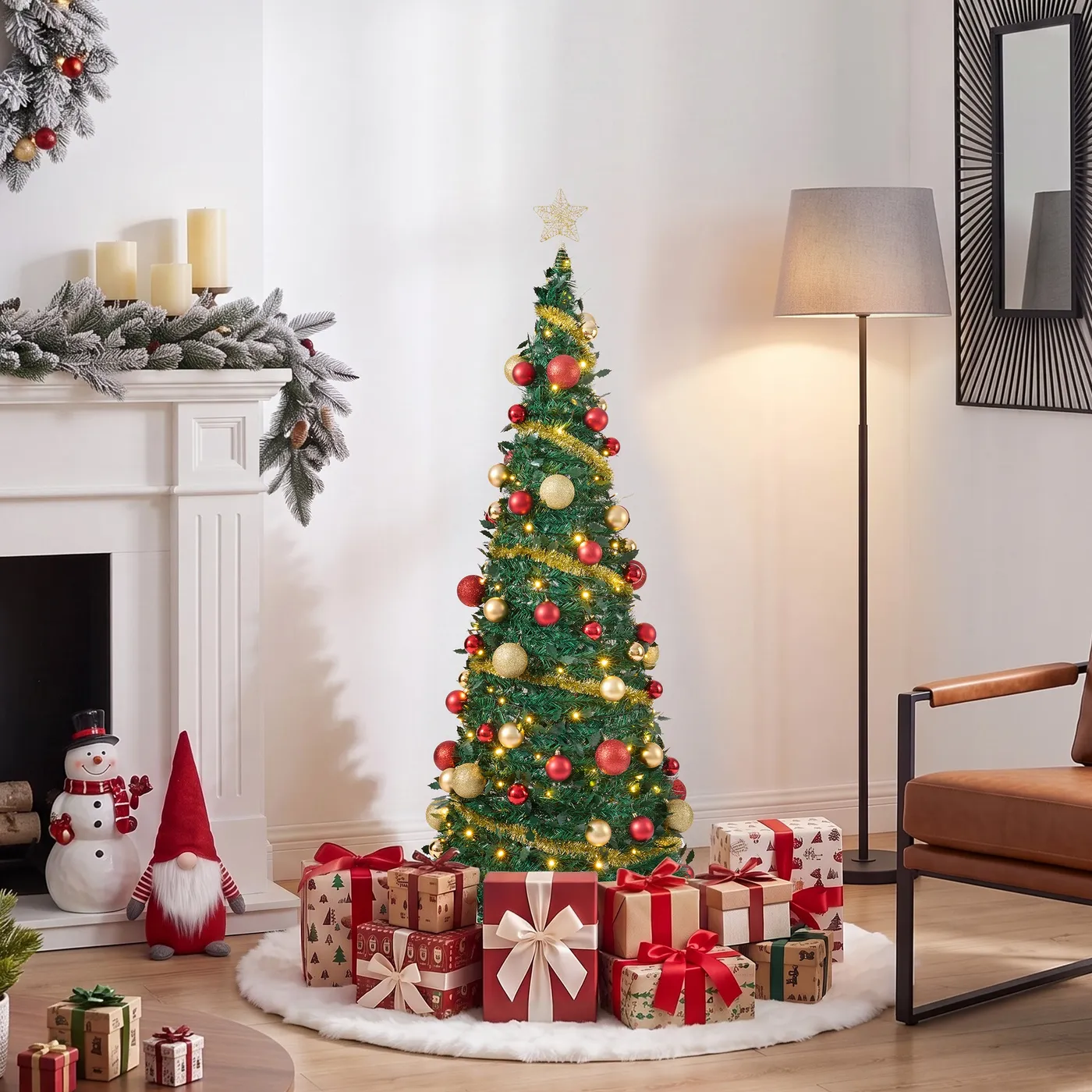 VeriNatural 6FT Pop Up Christmas Tree with 150 Warm White LED Lights & 90 Red Gold Ornaments, Pre-Lit Collapsible Artificial Xmas Tree for Easy ...