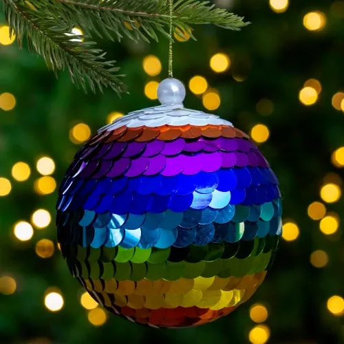 Vibrantly Colored Shiny Sequin Rainbow Hanging Christmas Ball Ornament  4.75' (120mm) | Christmas