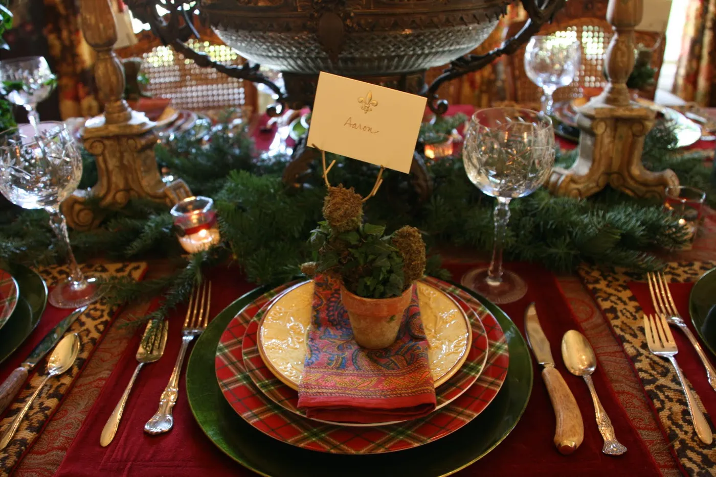 vignette design: A Christmas Tablescape of Paisley, Tartan and Leopard!