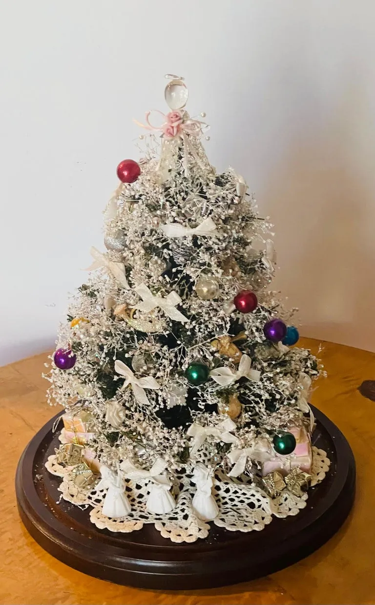 Vintage Artisan Mini Christmas Tree with Angels in Glass Dome