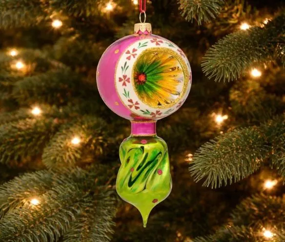 Vintage Christmas Drop Reflector pink and green Glass H19cm