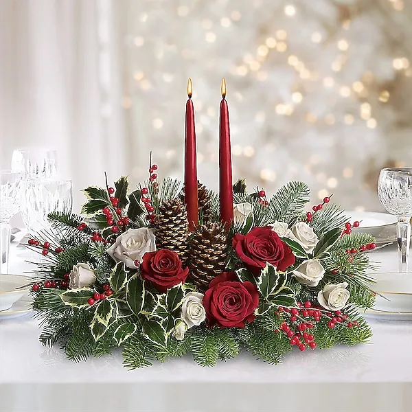 White | Roses | Christmas Wishes Centerpiece | Same Day Flower Delivery by Teleflora