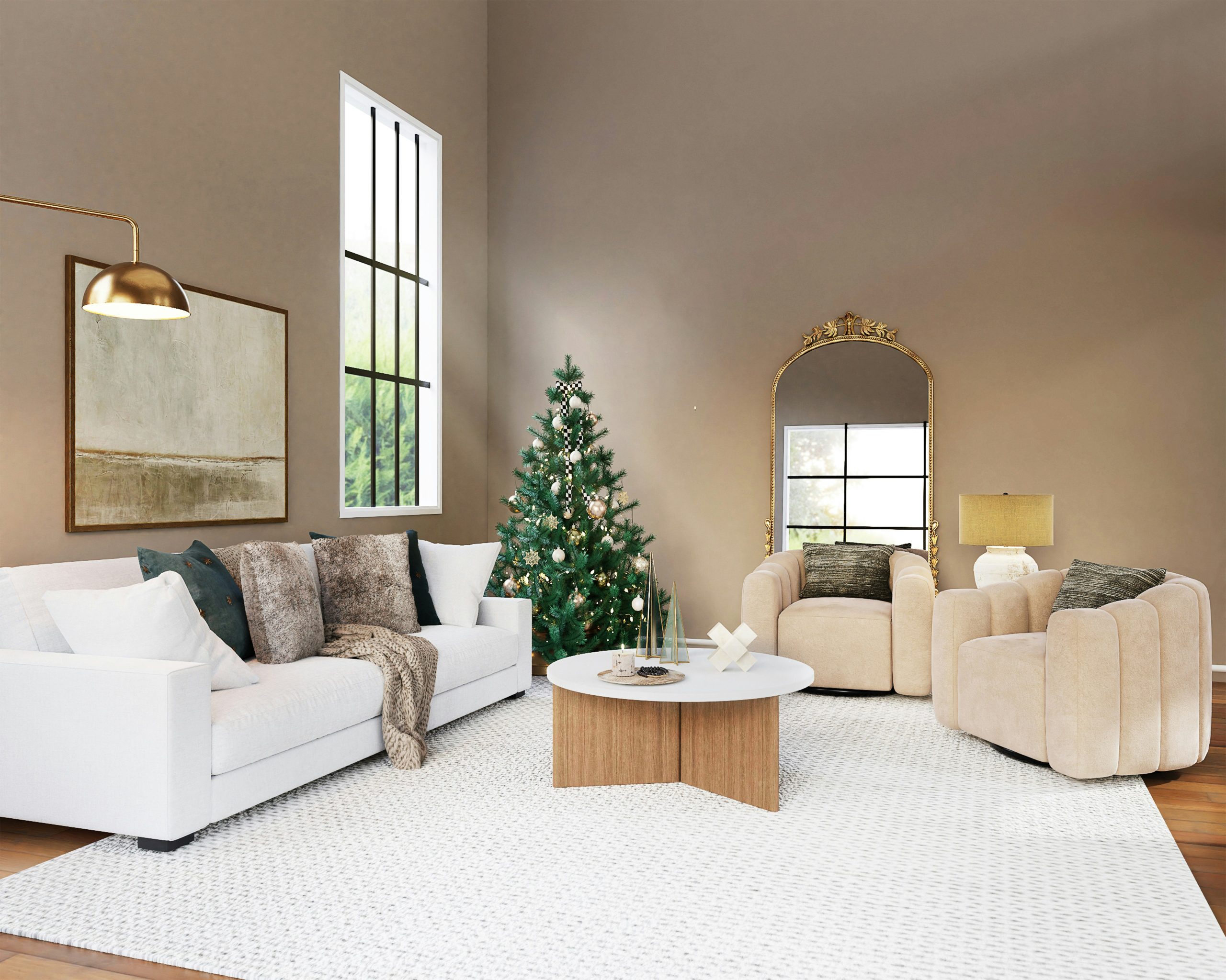 white sofa near green christmas tree
