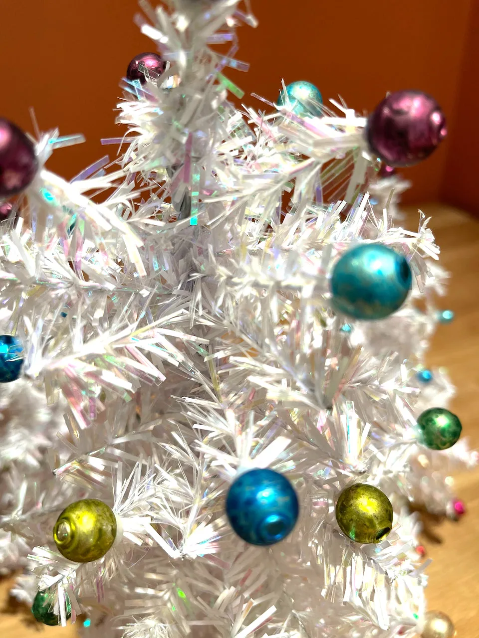 White Tabletop Trees with Colorful Beads Retro Christmas Vintage Collection Of Christmas Tree Ornaments Multicolor Beaded