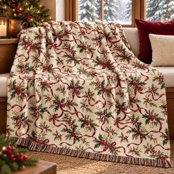 Wholesale Holly Ribbon Woven Cotton Throw Blanket, 60 x 50, Burgundy Christmas for your store - Faire
