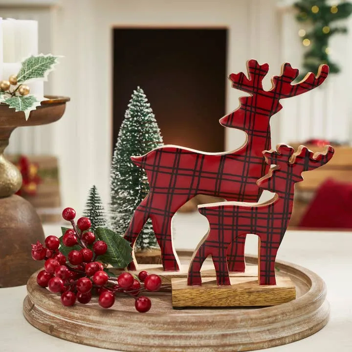 Wholesale Red Plaid Wooden Reindeer Set of 2 - 6x6x2/9.5x9x2 for your store  - Faire