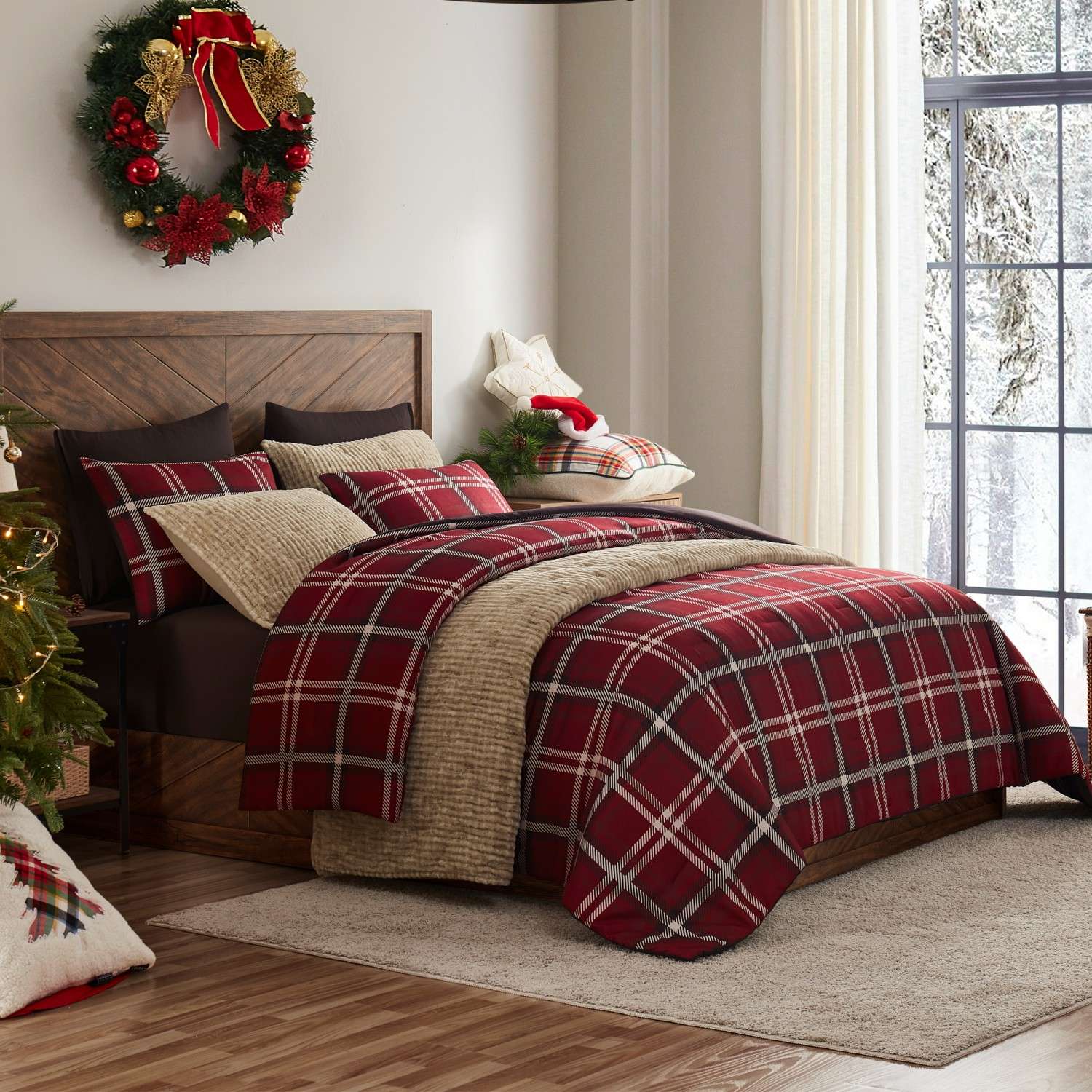 Wonderful Plaid Faux Wool Comforter Set 3-Piece Cozy Stylish All-Season Bedding, Size: King, Red
