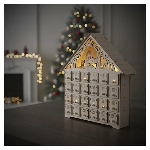 Wood Advent calendar with Holy Family LED white light 30x30x5 cm | online sales on HOLYART.com