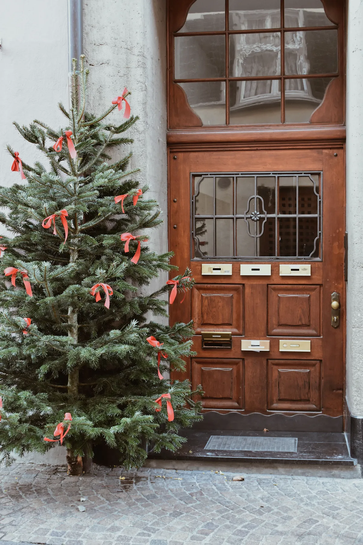 Wooden door with a charming Christmas tree adorned with red ribbons in an urban setting.