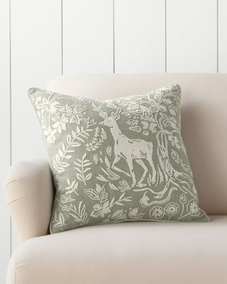 Woodland Deer Embroidered Organic-Cotton Pillow Cover | Garnet Hill