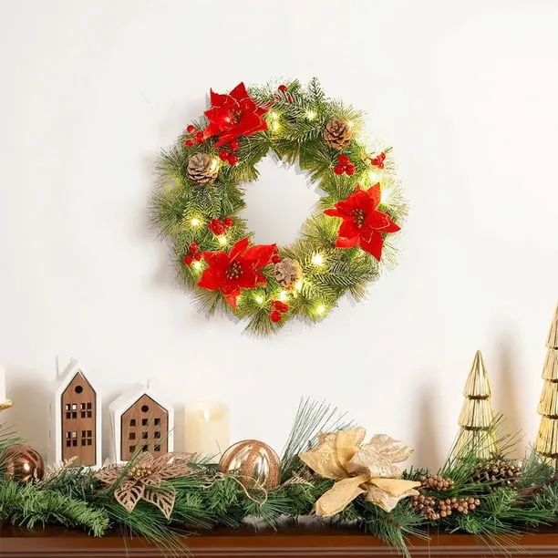 ZZkhGO Christmas Flower Wreath Door Hanger, Red Berry Pine Cone Garland, Winter Holiday Decor for Front Door Indoor Outdoor - Walmart.ca